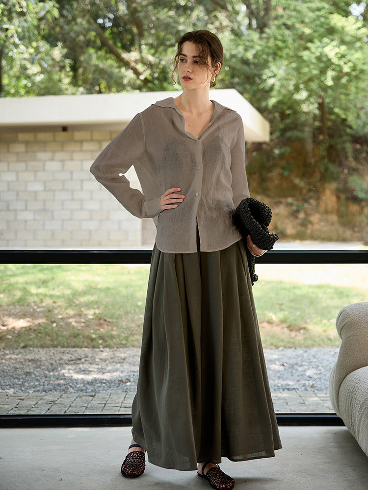 Linen V-Neck Long Sleeve Shirt For Women - Casual Elegant Office Top