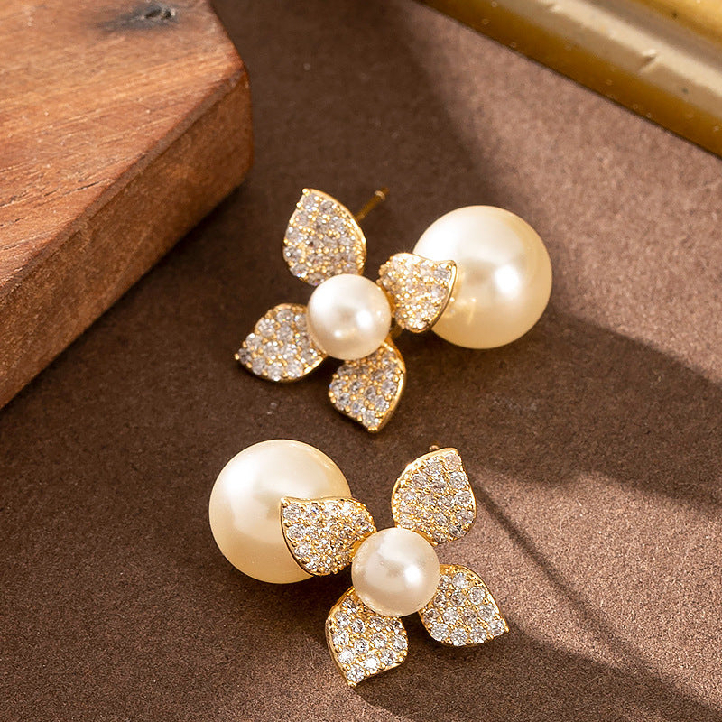 Elegant Pearl Floral Stud Earrings With Crystals