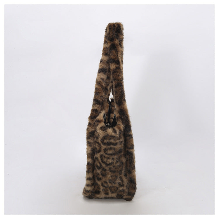 Retro Leopard Print Furry Tote Shoulder Bag