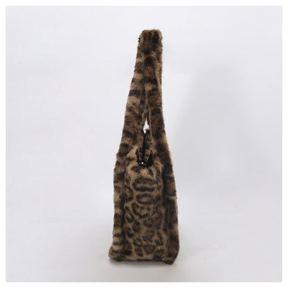 Retro Leopard Print Furry Tote Shoulder Bag