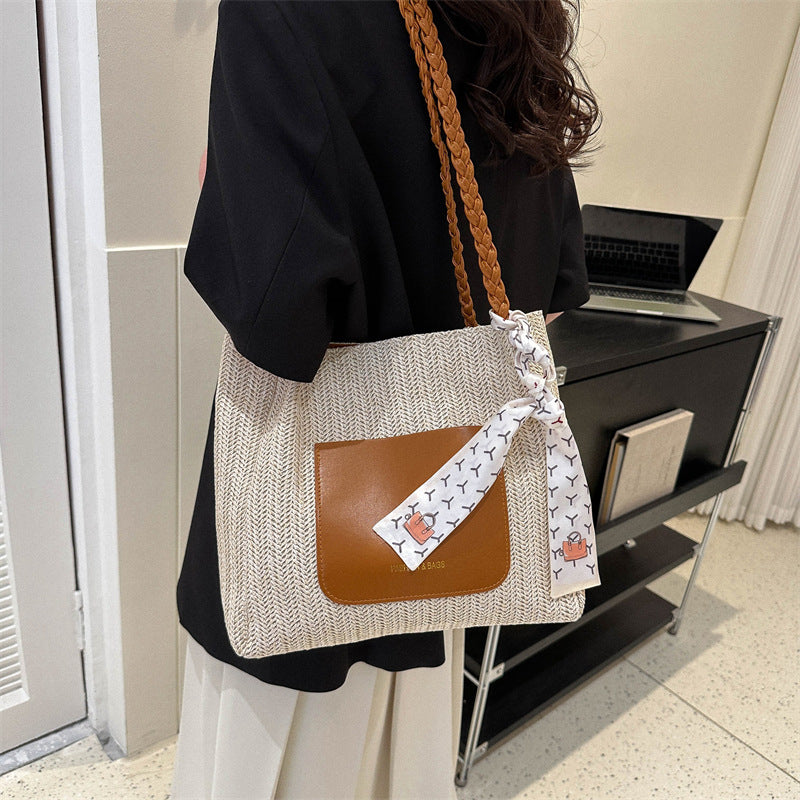 Woven Straw Tote Bag Stylish Casual Large Capacity Shoulder Bag