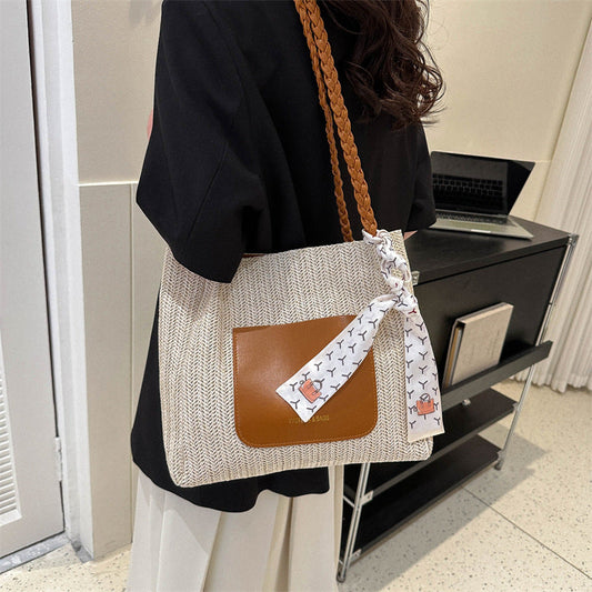 Woven Straw Tote Bag Stylish Casual Large Capacity Shoulder Bag