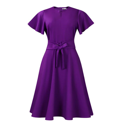 Elegant Solid Color V-Neck A-Line Dress With Tie Detail