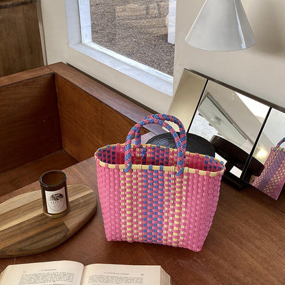 Handwoven Tote Bag Color Block Beach Bag