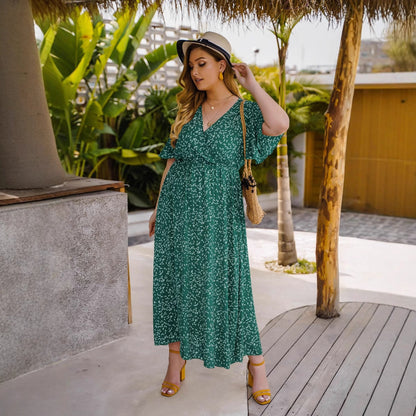 Summer V-Neck High-Waist Maxi Dress For Plus Size