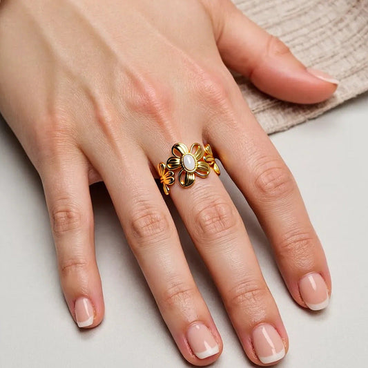 Floral Stainless Steel Ring With Natural Stone Inlay