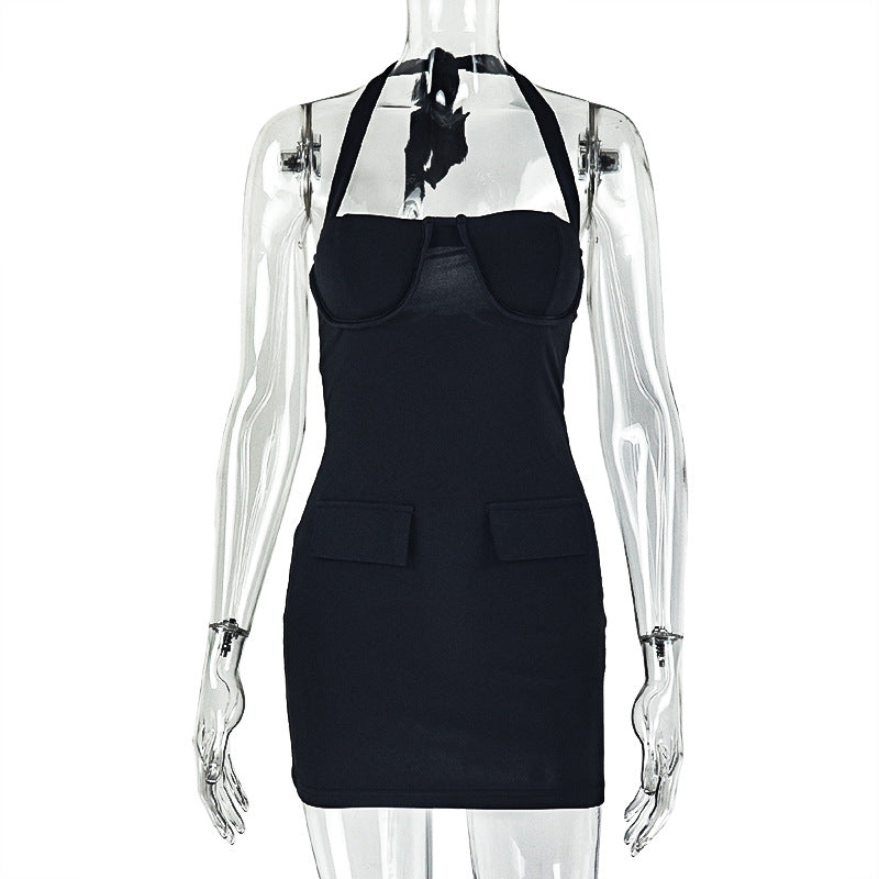 Solid Color Bodycon Mini Dress With Halter Neck