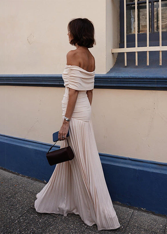 Off Shoulder Pleated Maxi Dress In Apricot