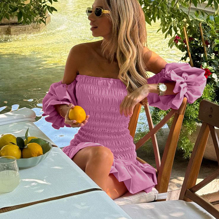 Pink Off-Shoulder Ruffle Short Dress