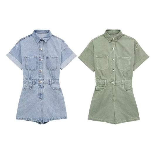 Casual Solid Color Denim Short Romper