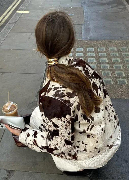 Cow Print Polyester Jacket With Chest Pockets
