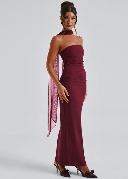 Maxi Dress Stretch Fabric Halter Neckline Burgundy