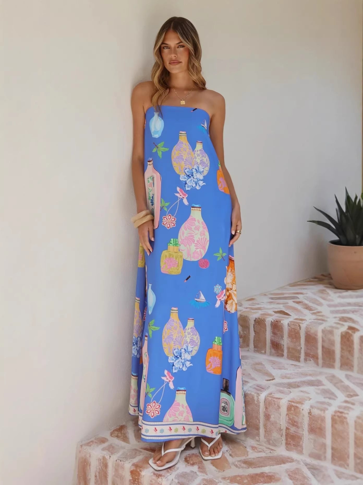 Casual Linen Strapless Dress With Artistic Prints
