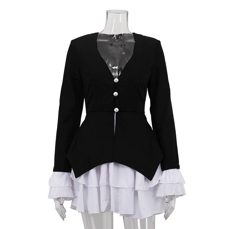 Black And White Color Block Short A-Line Dress With Flared Sleeves