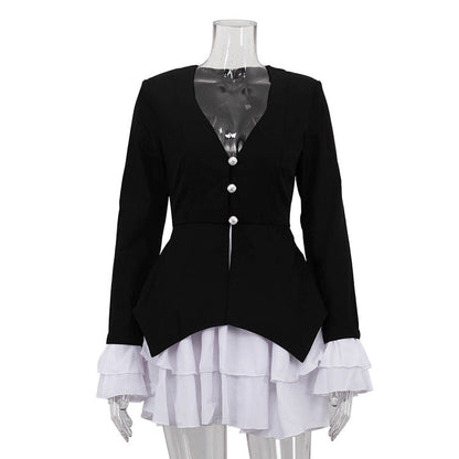 Black And White Color Block Short A-Line Dress With Flared Sleeves