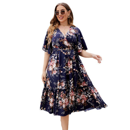 Navy Blue Floral V-Neck A-Line Dress Polyester For Casual Wear