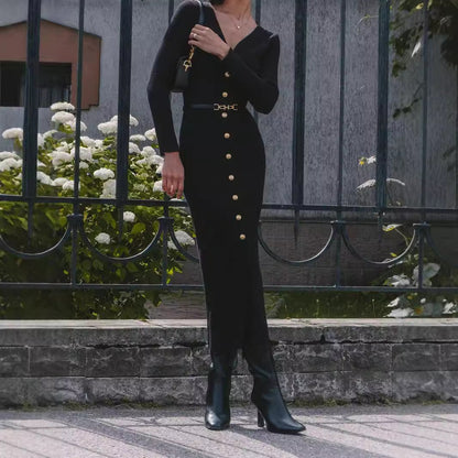 Fall Long Sleeve V-Neck Button Knit Dress