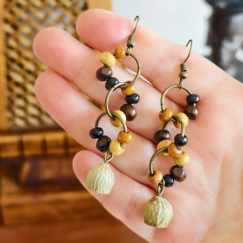 Botanical Pattern Wooden Bead Dangle Earrings