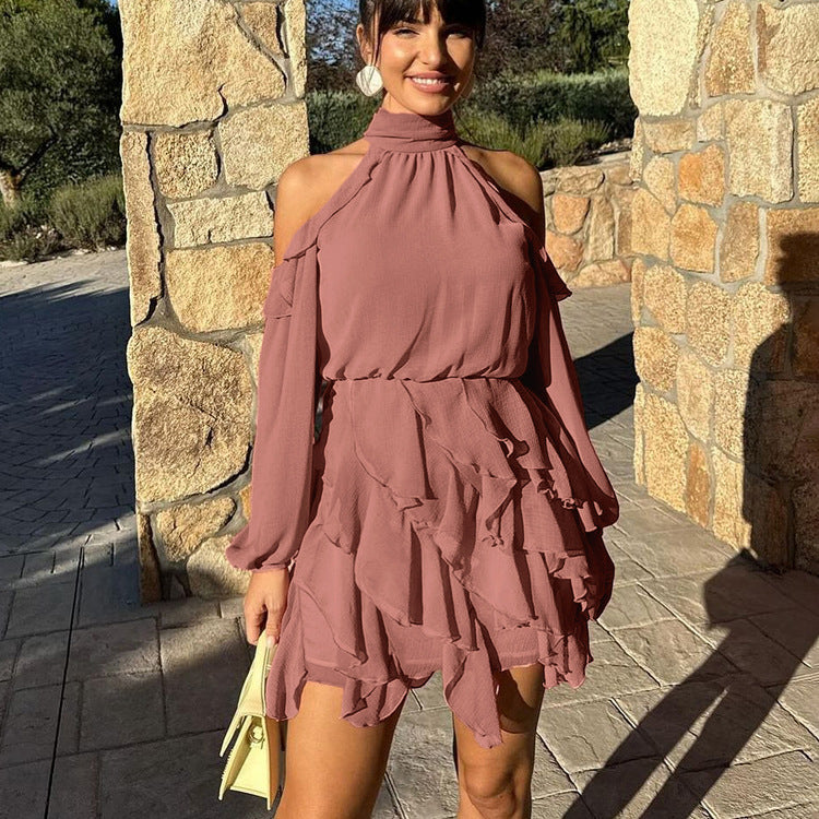 Elegant Chiffon A-Line Dress with Halter Neck and Long Sleeves