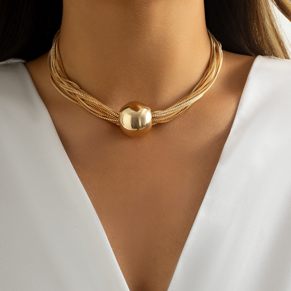 Exaggerated Punk Multi-Layered Chain Necklace With Geometric Ball Design