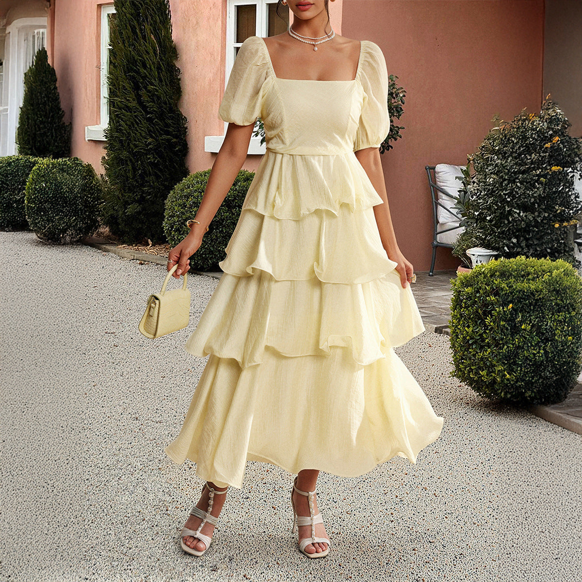 Elegant Ruffled Puff Sleeve Midi Dress for Women
