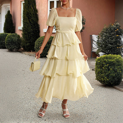 Elegant Ruffled Puff Sleeve Midi Dress for Women