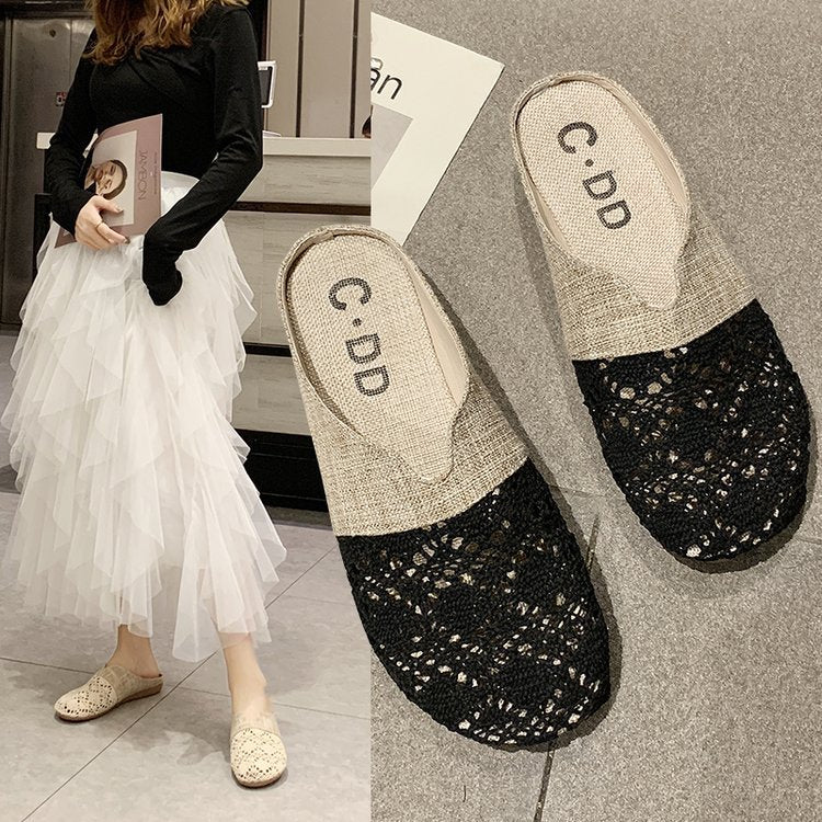 Baotou Slippers Women'S New Summer Fashion Outerwear Mesh Flat Bottomless Lazy Sandals