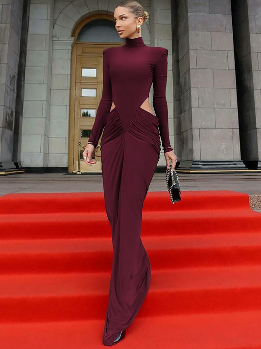 Fashionable Cut-Out Waist High Neck Long Sleeve Dress