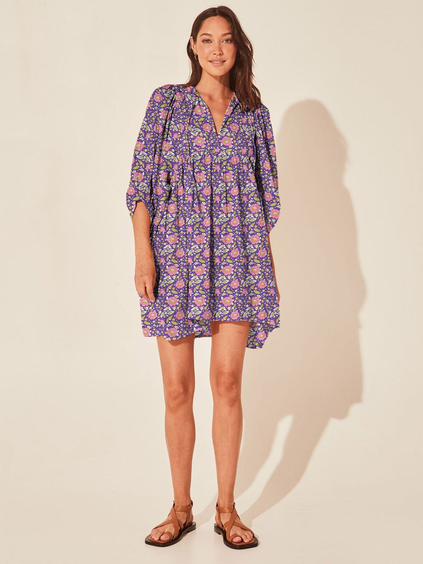 Floral Print Casual Dress with Tie Waist and Half Placket