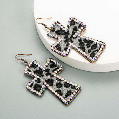 Trendy Y2K Cross Earrings Genuine Leather Leopard Print Geometric Style