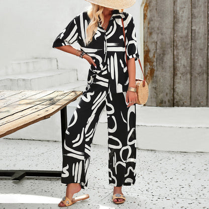 Bohemian Printed Casual Short Sleeve Pants Set