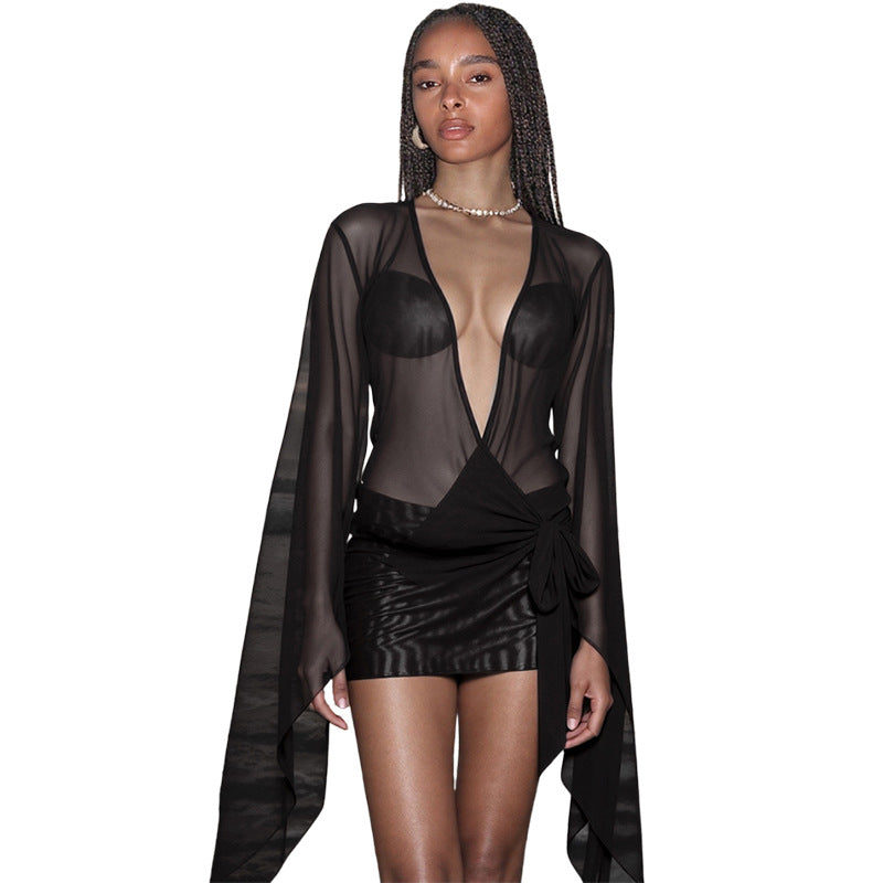Deep V Sheer Backless Bodycon Mini Dress
