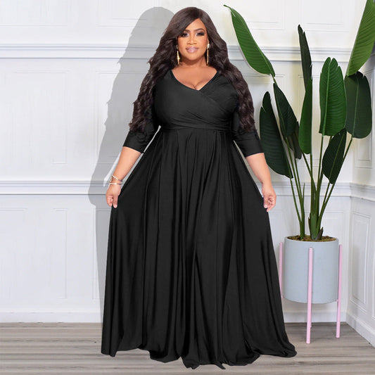 Plus Size Solid Color V-Neck Elegant Long Dress