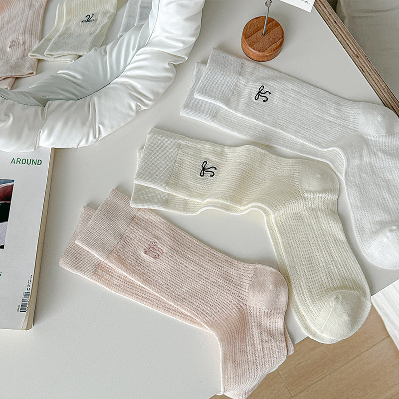Bow Embroidered Sweet Thin Socks