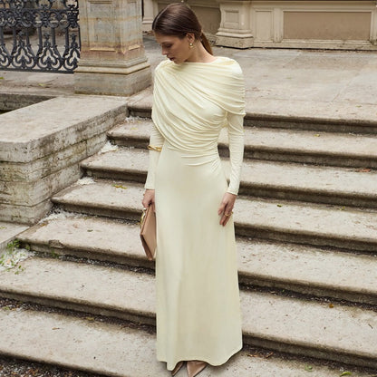 Elegant Solid Color Long Sleeve Dress with Ruched Design