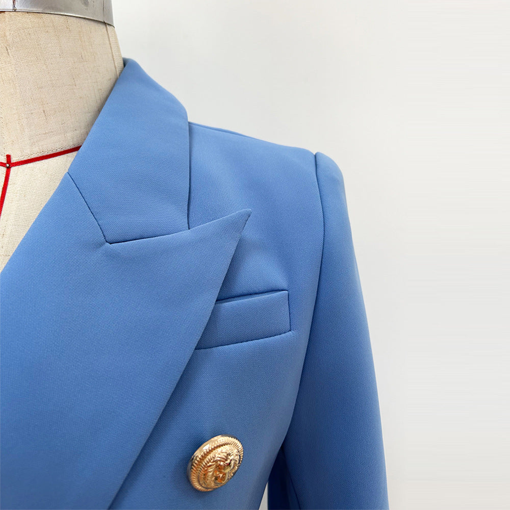 Trendy Double-Breasted Lion Button Blazer in Lake Blue