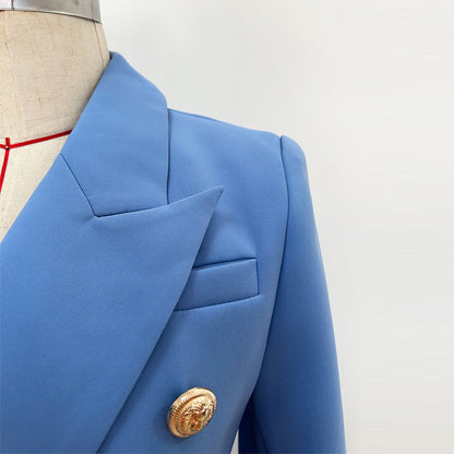 Trendy Double-Breasted Lion Button Blazer in Lake Blue