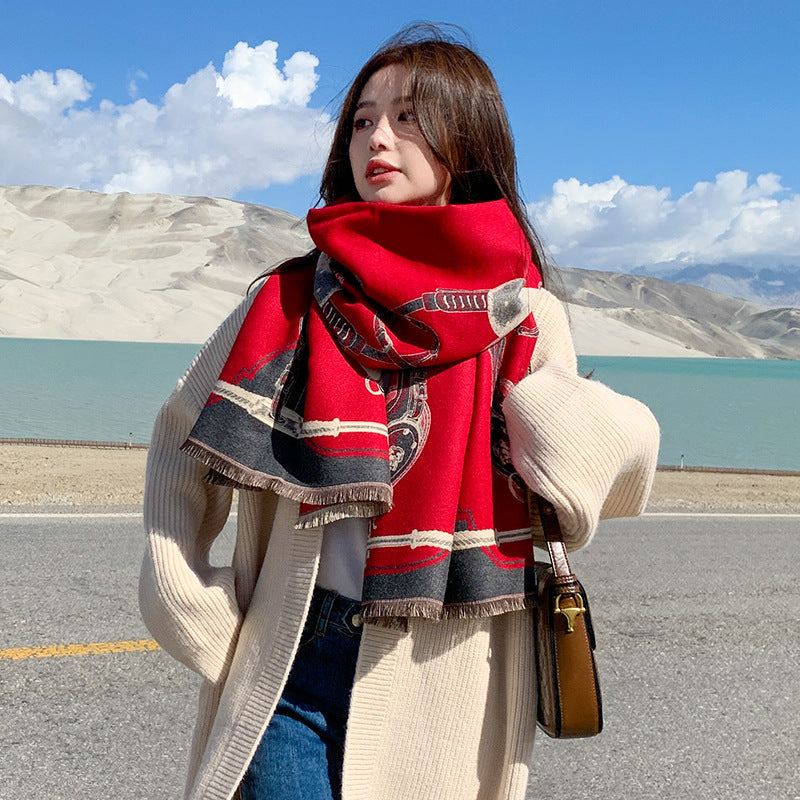 Red Scarf Women'S Winter New Versatile Cashmere High-End Sense Fashion Dual-Purpose Shawl Thickened Neck