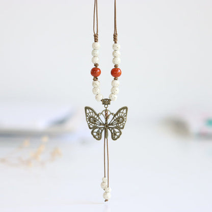 Ethnic Style Ceramic Long Sweater Chain Women'S Antique Hanging Vintage Chinese Style Butterfly Necklace