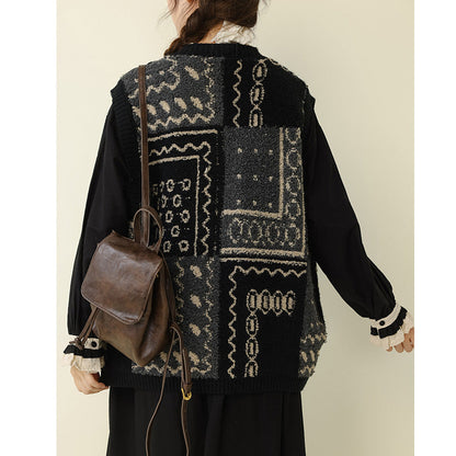 Retro Knitted Sleeveless Vest Geometric Pattern Cozy Top