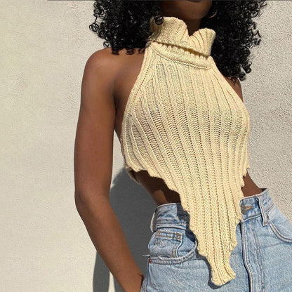 Sexy Backless Solid Color Turtleneck Irregular Knitted Vest