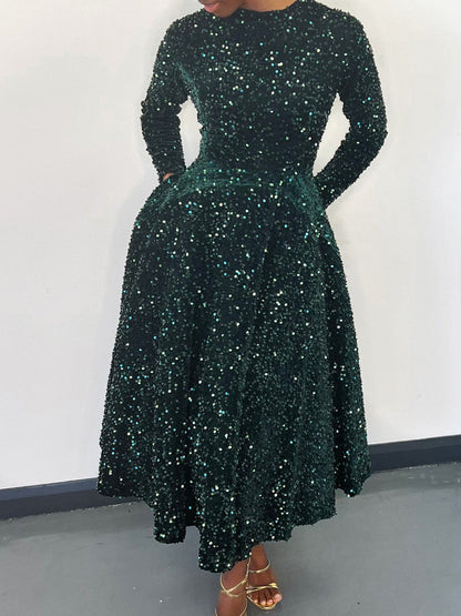 Elegant Long Sleeve Sequin A-Line Dress For Evening Events