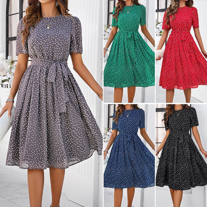 Polka Dot Tie Waist Long Dress Elegant Casual Dress