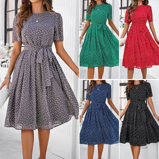 Polka Dot Tie Waist Long Dress Elegant Casual Dress