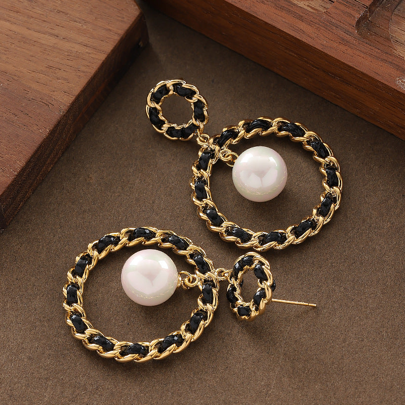 Elegant French Style Woven Leather Pearl Earrings