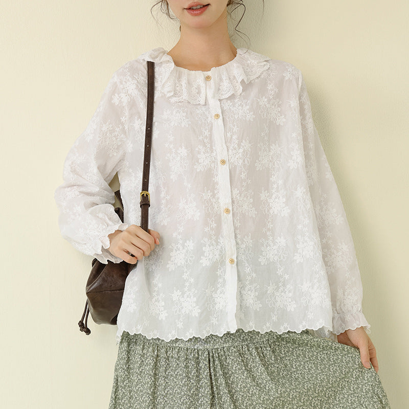 Fresh Lace Doll Collar Cotton Shirt Embroidered Casual Top