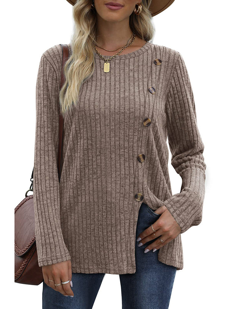 Button Up T-Shirt For Women'S New Fashion Autumn Casual Solid Color Long Sleeved T-Shirt For Women