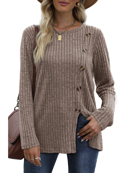 Button Up T-Shirt For Women'S New Fashion Autumn Casual Solid Color Long Sleeved T-Shirt For Women