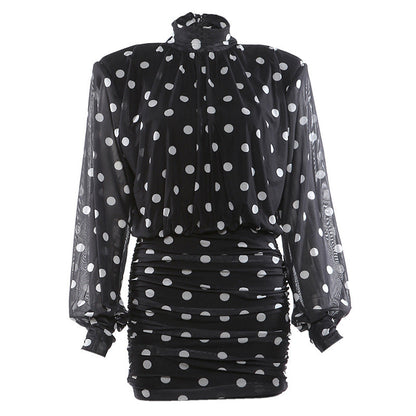 Elegant Polka Dot High Neck Bodycon Mini Dress