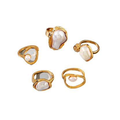 Geometric Baroque Pearl Ring Set With Floral Design